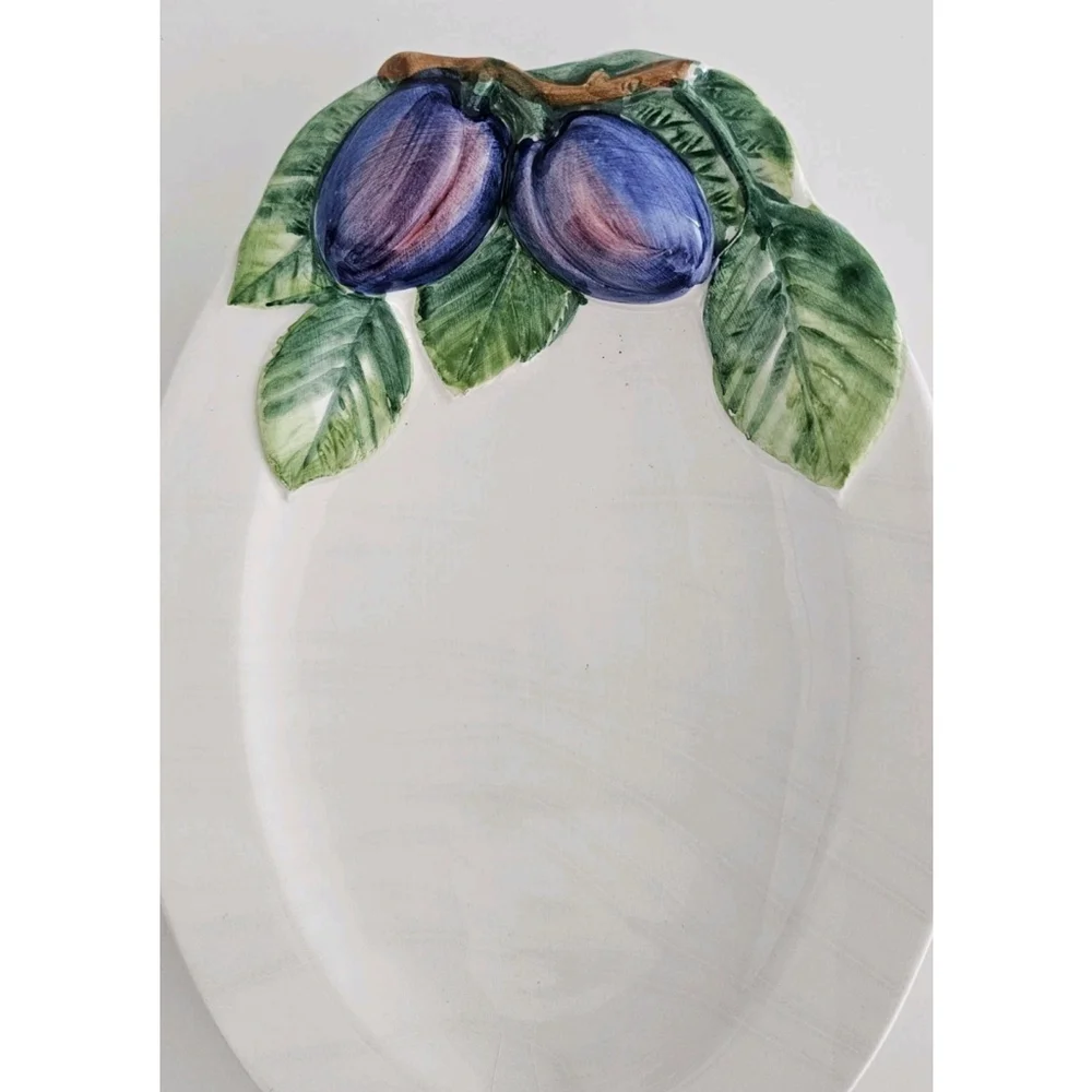 Vintage Italian Pottery Platter Decorato a Mano Italy Hand Painted Blue Plum